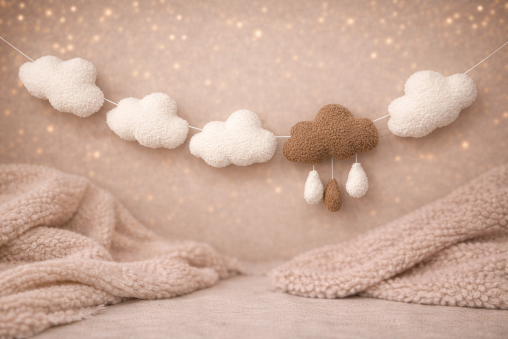 Miękka girlanda chmurki z materiału boucle w kolorach beżu i bieli, dekoracja do pokoju dziecka