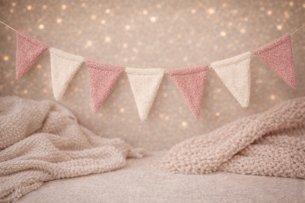 Girlanda boucle z chorągiewek w odcieniach różu i kremowych, dekoracja do pokoju dziecka.