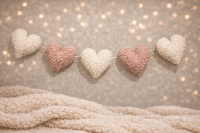 Girladana dekoracyjna z serudszek z materiału boucle, handmade.