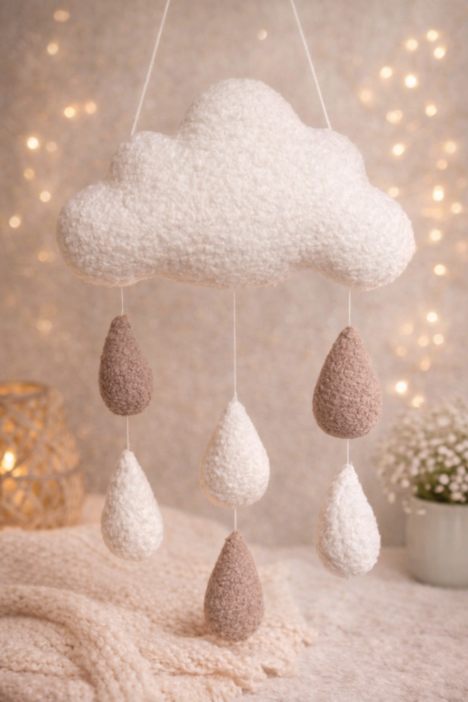 Zawieszka chmurka boucle handmade z kropelkami, dekoracja do pokoju dziecka w neutralnych kolorach
