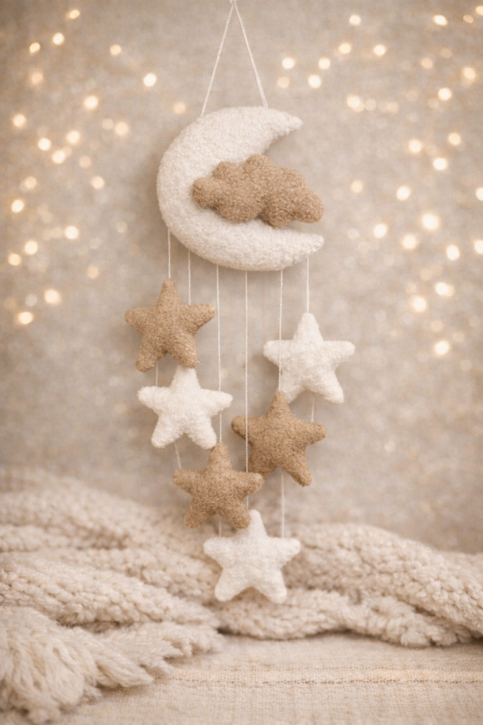 Zawieszka handmade z księżycem i gwiazdkami, dekoracja w stonowanej kolorystyce